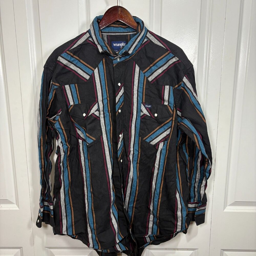 Wrangler Western Snap Shirt Men 20/35 Striped Pearl-Snap Boho Cottagecore